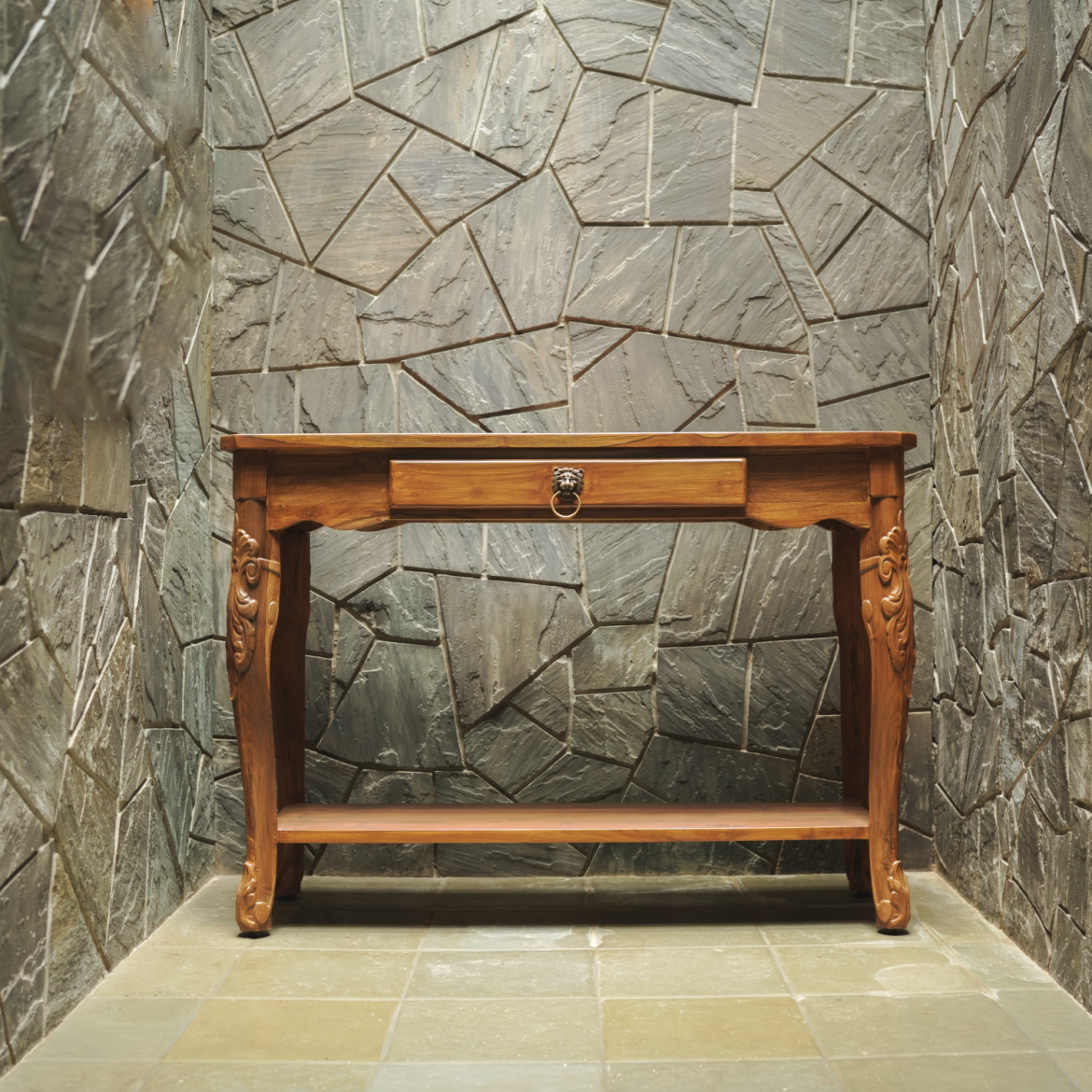 Wooden Console Table against Stone Wall